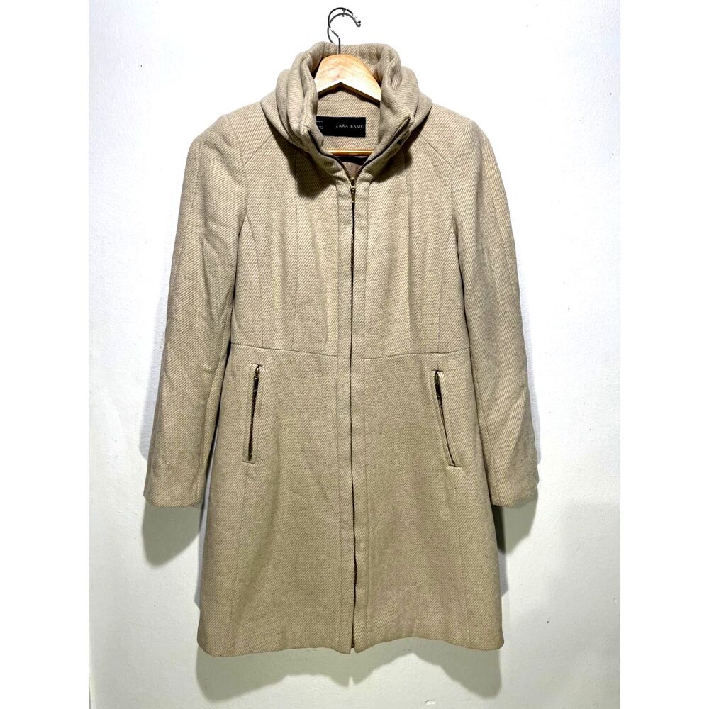 Zara Basic peacoat neutral beige full zip winter preppy dark accademia women M